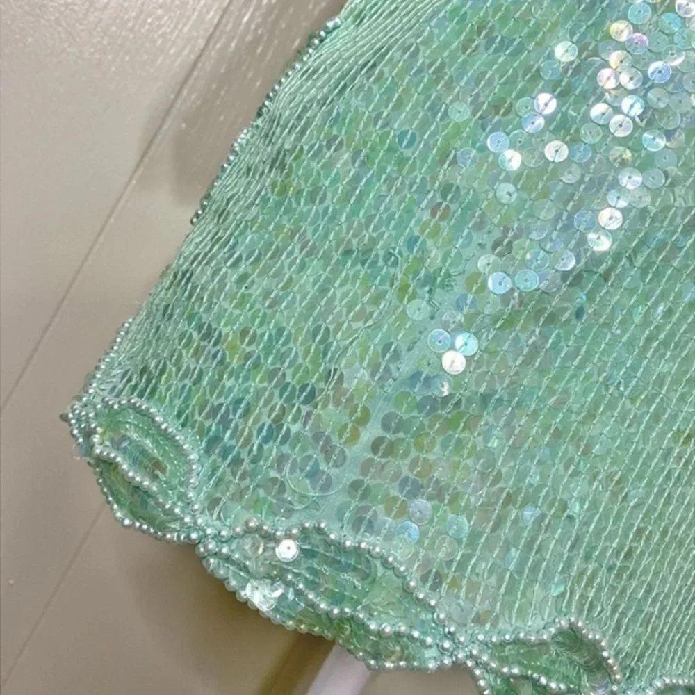 Scala Vintage Fully Sequined Mint Green Short Sleeve Top with Pearl‎ Accents - Picture 10 of 13